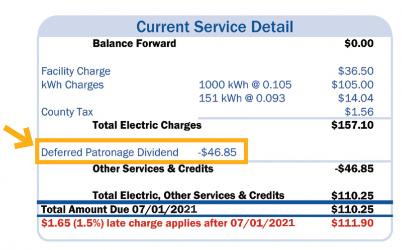 Deferred patronage dividend line highlighted on electric bill